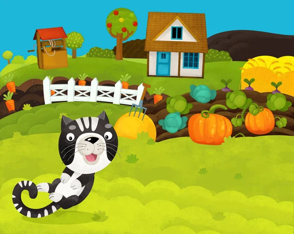 Cartone animato scena fattoria felice e divertente con gatto felice - illustrazione per bambini — Foto Stock