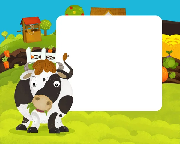 Dibujos animados feliz y divertida escena de granja con vaca feliz - con espacio de marco para el texto - ilustración para los niños — Foto de Stock