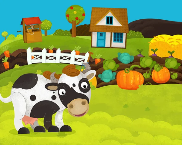 幸せな牛と漫画の幸せで面白い農場のシーン - 子供のためのイラスト — ストック写真
