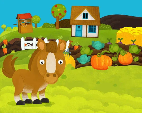 cartoon happy and funny farm scene with happy horse - illustration for children