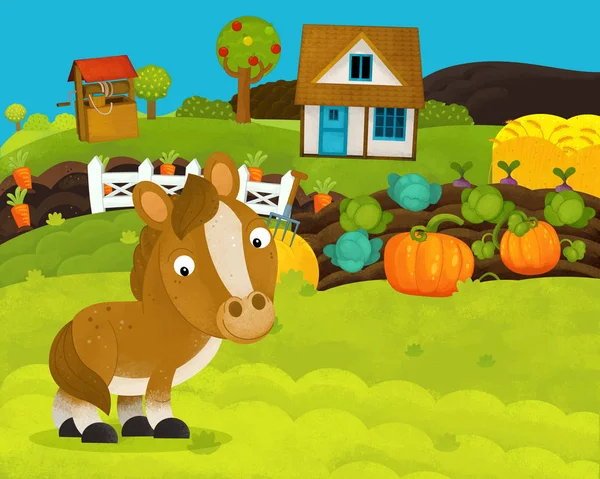 Мультфильм счастливая и смешная сцена фермы с счастливой лошадью - иллюстрация для детей — стоковое фото