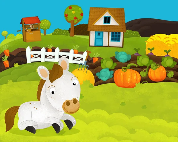 幸せな馬と漫画の幸せで面白い農場のシーン - 子供のためのイラスト — ストック写真