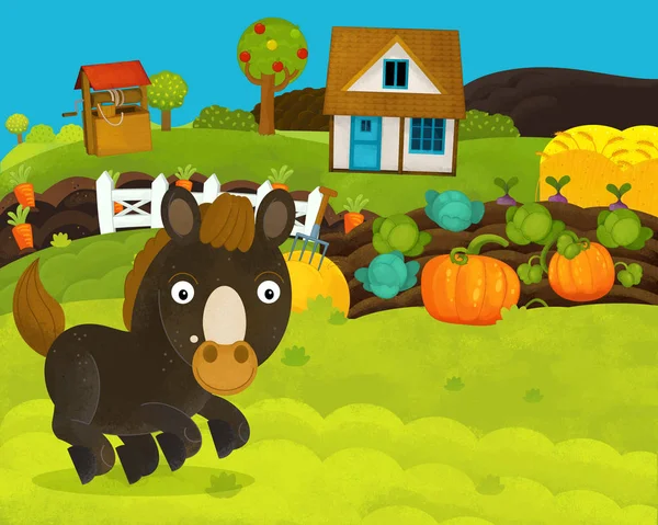 Desenhos animados cena fazenda feliz e engraçado com cavalo feliz - ilustração para crianças — Fotografia de Stock