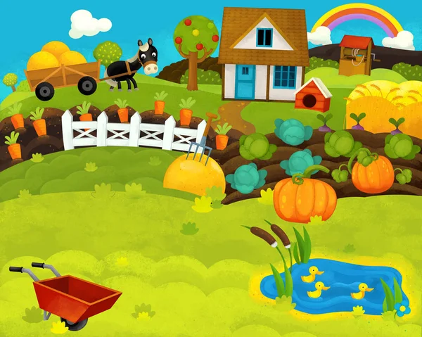 Cartone animato felice e divertente fattoria ranch scena con animali felici - illustrazione per bambini — Foto Stock