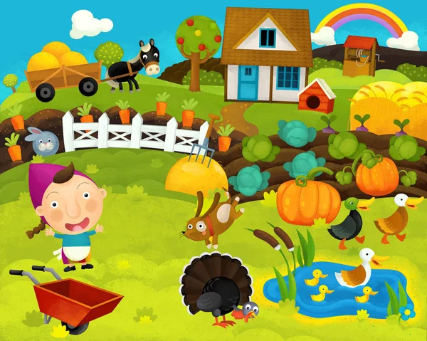 Cartoon happy and funny farm ranch scene with happy animals - illustration for children — Stock Photo, Image