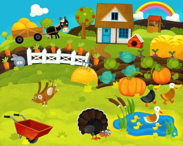 Cartone animato felice e divertente fattoria ranch scena con animali felici - illustrazione per bambini — Foto Stock