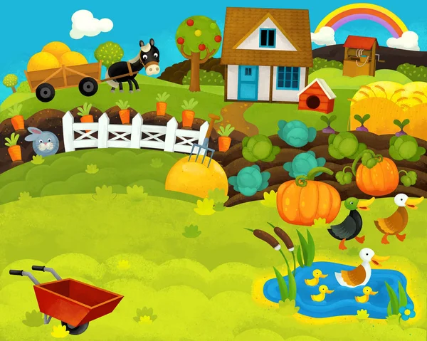 Καρτούν χαρούμενο και αστείο αγρόκτημα ράντσο σκηνή με χαρούμενα ζώα-εικόνα για τα παιδιά — Φωτογραφία Αρχείου