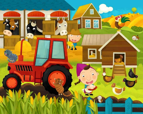 Desenho animado feliz e engraçado fazenda cena com animais felizes - ilustração para crianças — Fotografia de Stock