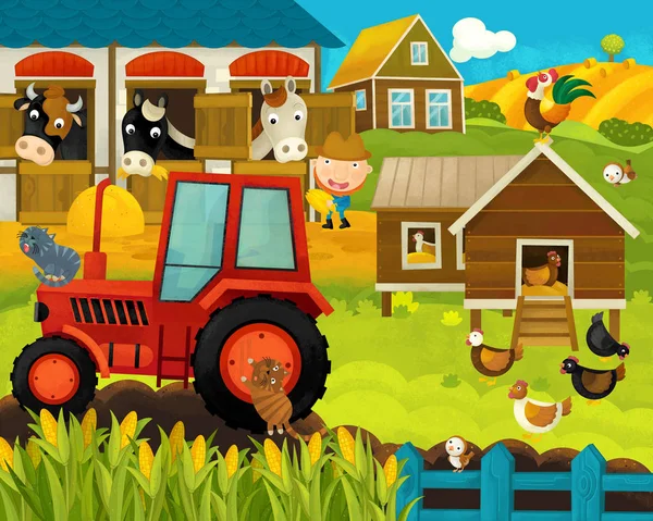 Desenho animado feliz e engraçado fazenda cena com animais felizes - ilustração para crianças — Fotografia de Stock