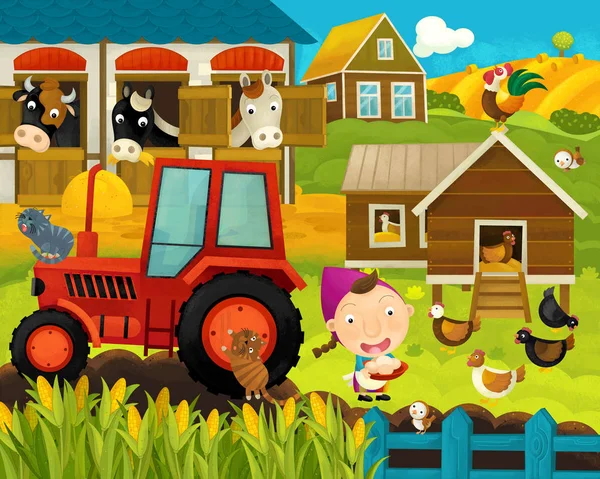 Cartone animato felice e divertente fattoria ranch scena con animali felici - illustrazione per bambini — Foto Stock