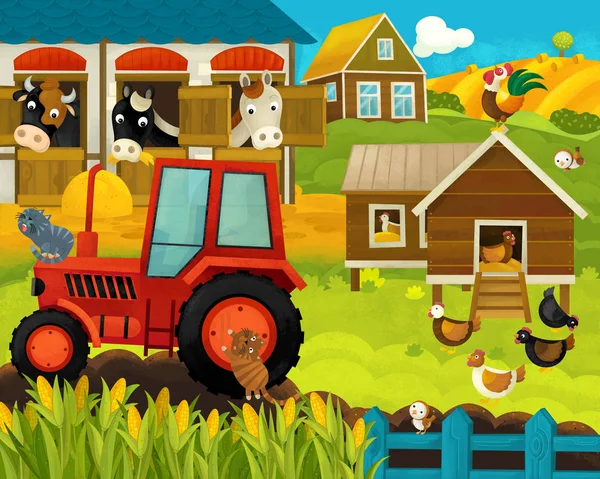 Dessin animé ferme joyeuse et drôle scène de ranch avec des animaux heureux illustration pour les enfants — Photo