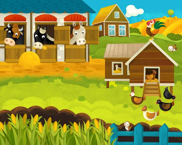 Καρτούν χαρούμενο και αστείο αγρόκτημα ράντσο σκηνή με χαρούμενα ζώα-εικόνα για τα παιδιά — Φωτογραφία Αρχείου
