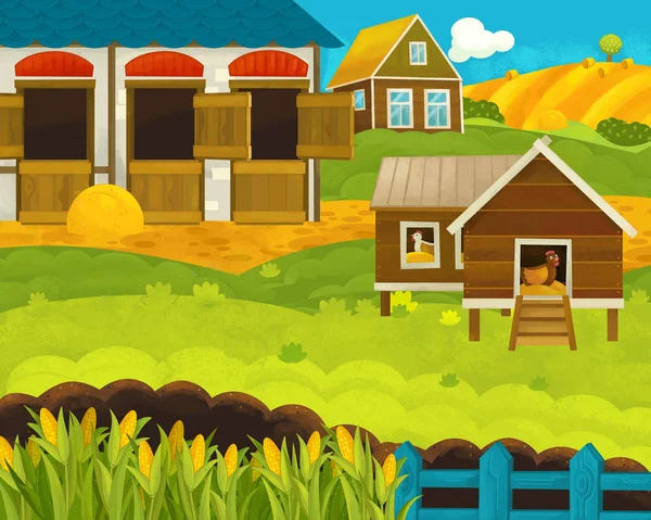 cartoon happy and funny farm ranch scene with happy animals - illustration for children
