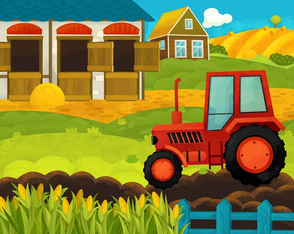 Cartone animato felice e divertente fattoria ranch scena con animali felici - illustrazione per bambini — Foto Stock