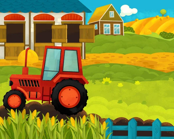 Cartoon happy and funny farm ranch scene with happy animals - illustration for children — Stock Photo, Image