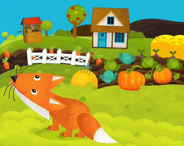 Cartoon glückliche und lustige Bauernhofszene mit glücklichem Fuchs - Illustration für Kinder — Stockfoto