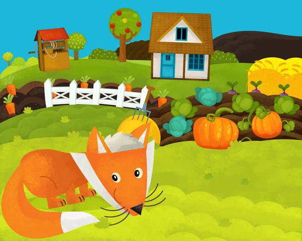 Cartone animato scena fattoria felice e divertente con volpe felice - illustrazione per bambini — Foto Stock