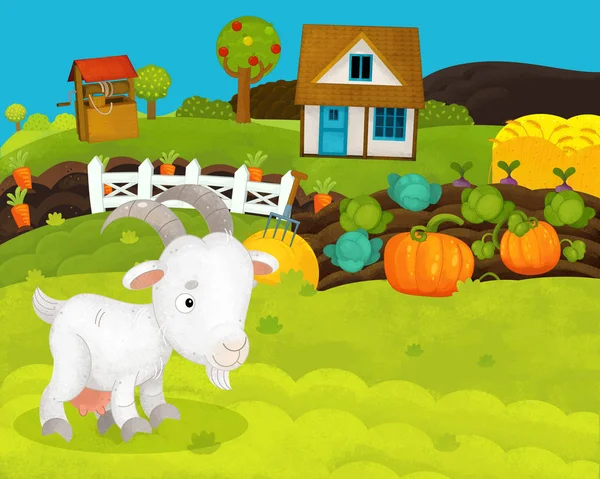 Cartone animato scena fattoria felice e divertente con capra felice - illustrazione per bambini — Foto Stock