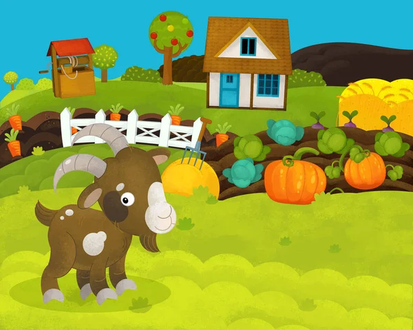 Dibujos animados feliz y divertida escena de granja con cabra feliz - ilustración para los niños —  Fotos de Stock