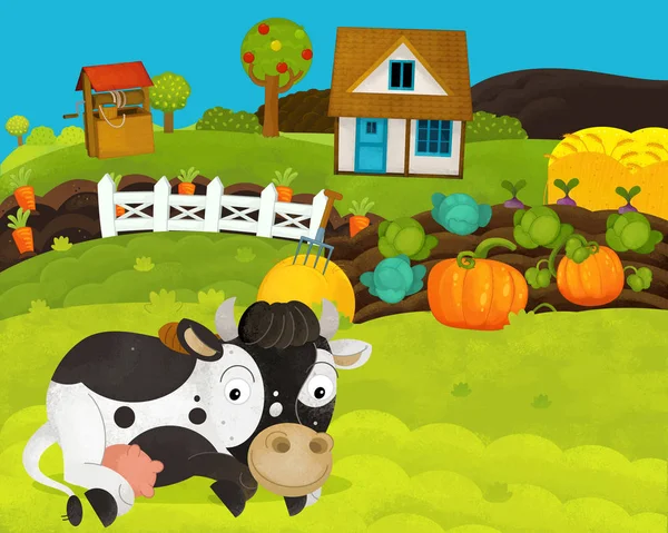 Desenhos animados cena fazenda feliz e engraçado com vaca feliz - ilustração para crianças — Fotografia de Stock