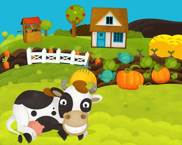 Dibujos animados feliz y divertida escena de granja con vaca feliz - ilustración para los niños — Foto de Stock