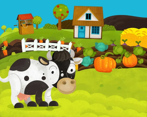 Cartone animato scena fattoria felice e divertente con mucca felice - illustrazione per bambini — Foto Stock