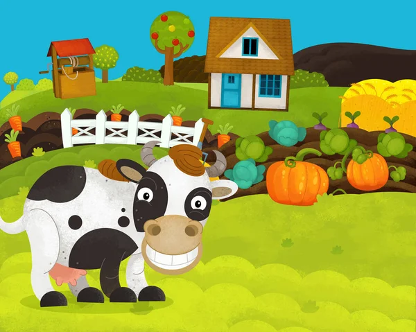 幸せな牛と漫画の幸せで面白い農場のシーン - 子供のためのイラスト — ストック写真