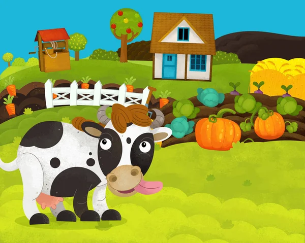 Cartoon gelukkig en grappig boerderij scène met Happy Cow-illustratie voor kinderen — Stockfoto