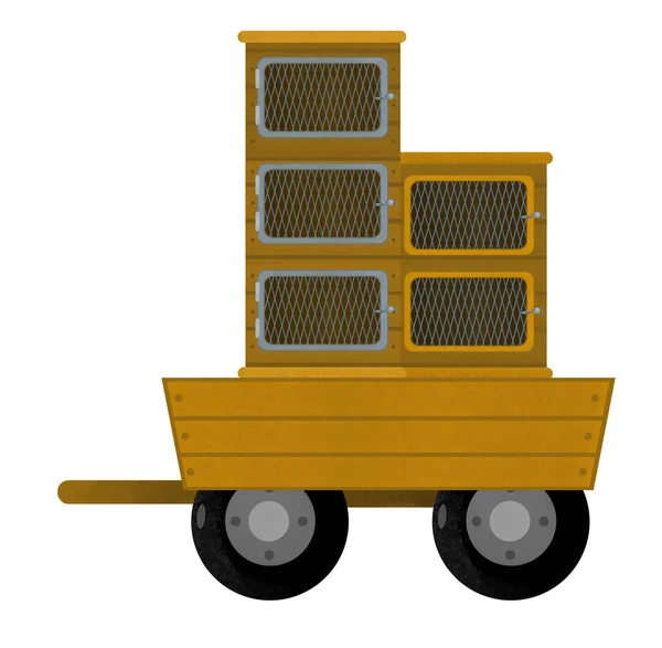Kreslená scéna s dřevěným nákladním vozem na bílém pozadí-ilustrace pro děti — Stock fotografie