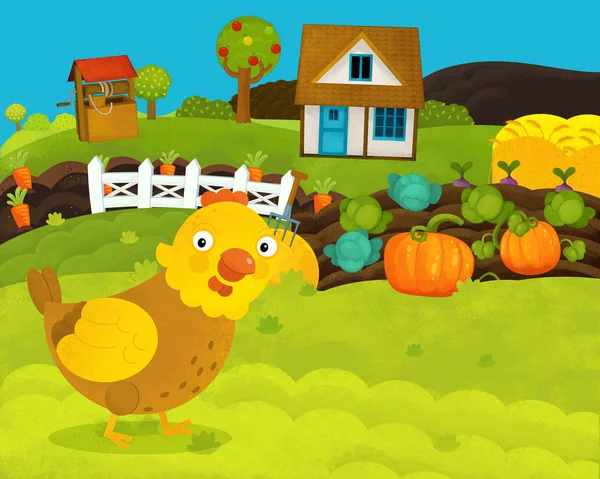 Desenhos animados cena fazenda feliz e engraçado com galinha feliz - ilustração para crianças — Fotografia de Stock