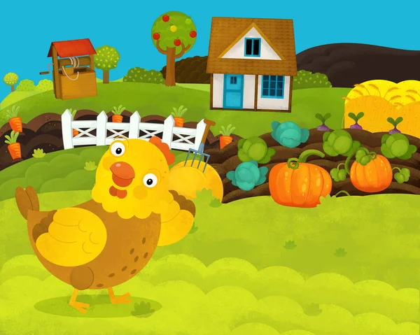 Dibujos animados feliz y divertida escena de granja con gallina feliz - ilustración para los niños — Foto de Stock