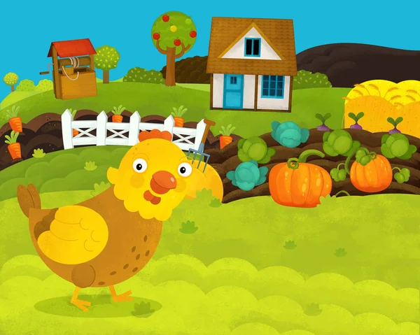 Cartoon happy and funny farm scene with happy hen - illustration for children — Stock Photo, Image