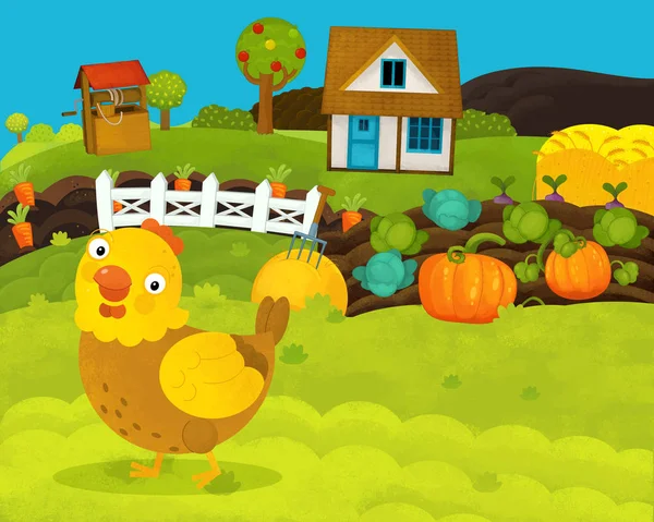 Мультфильм счастливая и смешная сцена фермы с счастливой курицей - иллюстрация для детей — стоковое фото