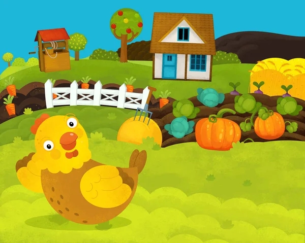 Cartoon happy and funny farm scene with happy hen - illustration for children — Stock Photo, Image