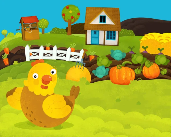 Cartone animato scena fattoria felice e divertente con gallina felice - illustrazione per bambini — Foto Stock