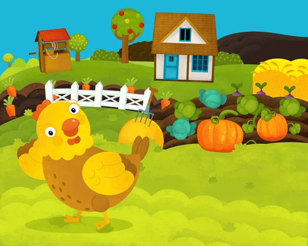 행복한 암탉과 만화 행복하고 재미있는 농장 장면 - 어린이를위한 그림 — 스톡 사진