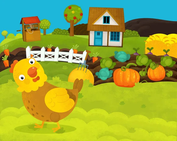 Cartone animato scena fattoria felice e divertente con gallina felice - illustrazione per bambini — Foto Stock