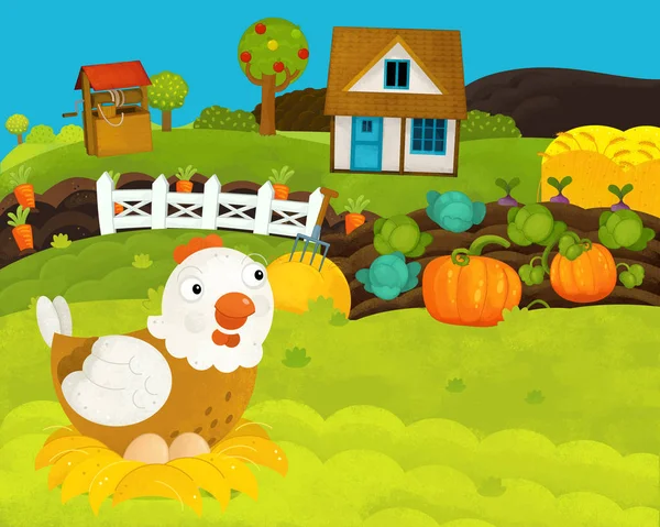 Καρτούν χαρούμενο και αστείο αγρόκτημα σκηνή με χαρούμενη κότα-εικόνα για τα παιδιά — Φωτογραφία Αρχείου