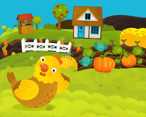 Dibujos animados feliz y divertida escena de granja con gallina feliz - ilustración para los niños —  Fotos de Stock