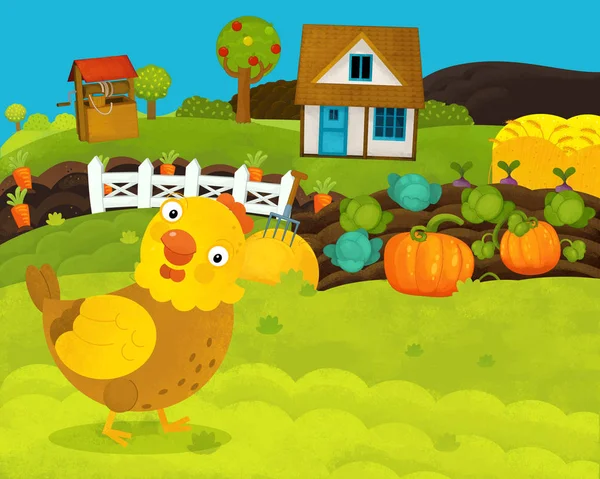 Karikatúra boldog és vicces Farm jelenet boldog tyúk-illusztráció gyerekeknek — Stock Fotó