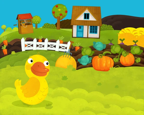 Dibujos animados feliz y divertida escena de la granja con pato feliz - ilustración para niños —  Fotos de Stock