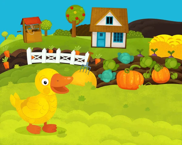 Cartone animato scena fattoria felice e divertente con anatra felice - illustrazione per bambini — Foto Stock