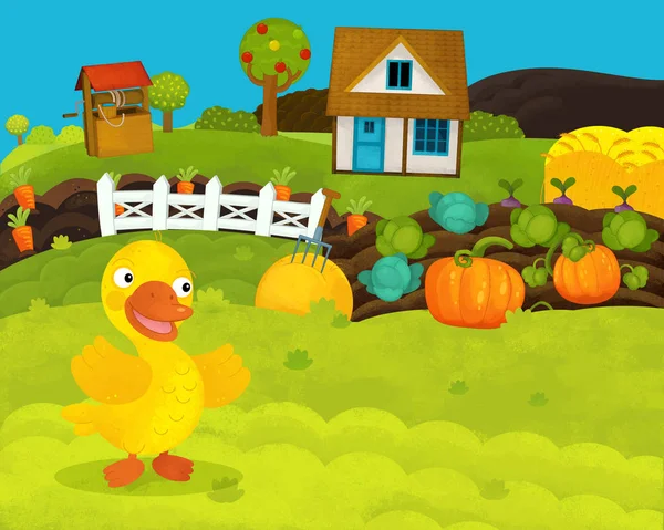 Cartoon happy and funny farm scene with happy duck - illustration for children — Stock Photo, Image