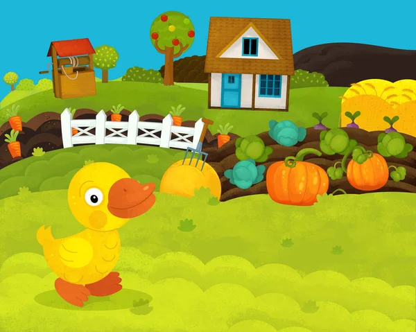 Cartoon happy and funny farm scene with happy duck - illustration for children — Stock Photo, Image