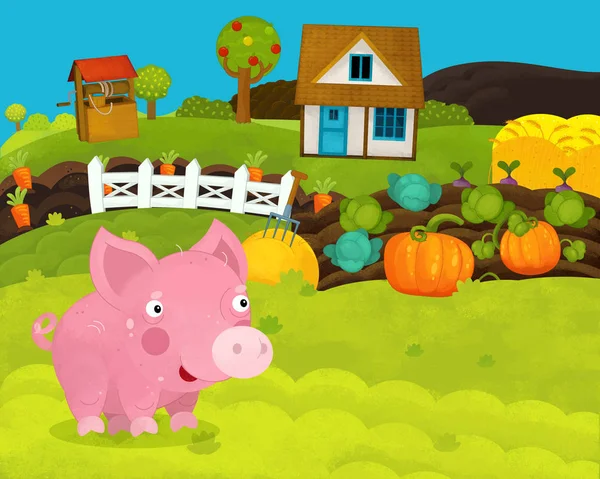 cartoon happy and funny farm scene with happy and funny pig - illustration for children