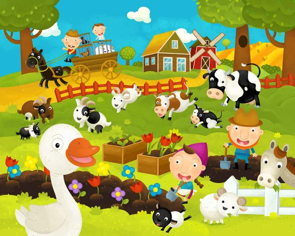 Dibujos animados feliz y divertida escena de granja con ganso feliz - ilustración para los niños — Foto de Stock
