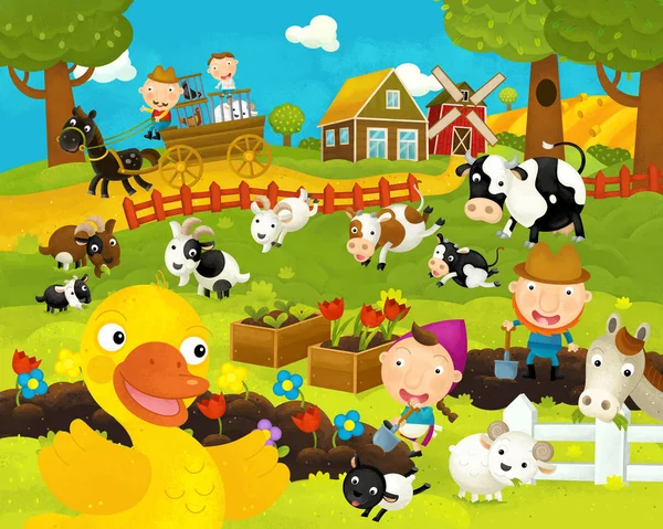 卡通快乐和有趣的农场场景与快乐鸭 - 插图为儿童 — 图库照片