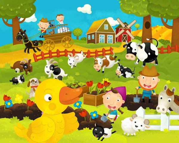 Cartoon glückliche und lustige Bauernhofszene mit glücklicher Ente - Illustration für Kinder — Stockfoto