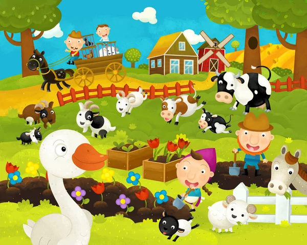 Dibujos animados feliz y divertida escena de granja con ganso feliz - ilustración para los niños —  Fotos de Stock