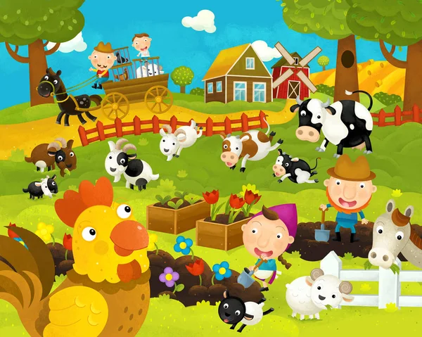 Cartoon glückliche und lustige Bauernhofszene mit glücklichem Hahn - Illustration für Kinder — Stockfoto